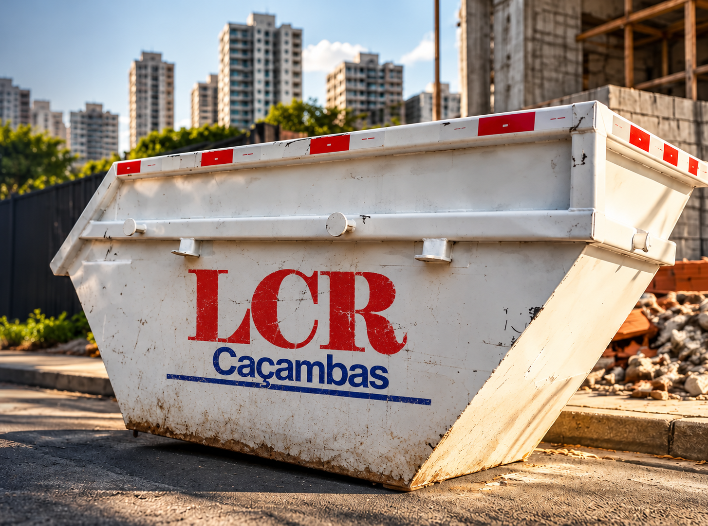 Caçamba estacionária para resíduos da construção civil em uma área urbana